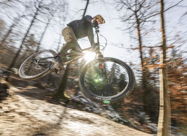 Mountainbiker springt auf einem Waldweg, während Sonnenlicht durch die Bäume scheint.